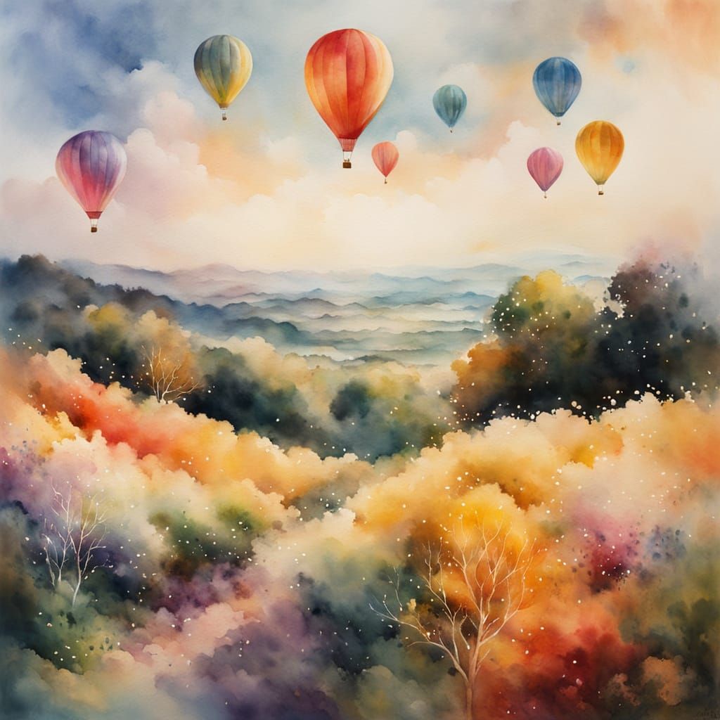 Balloons Float in Sky: Watercolour Aerial View