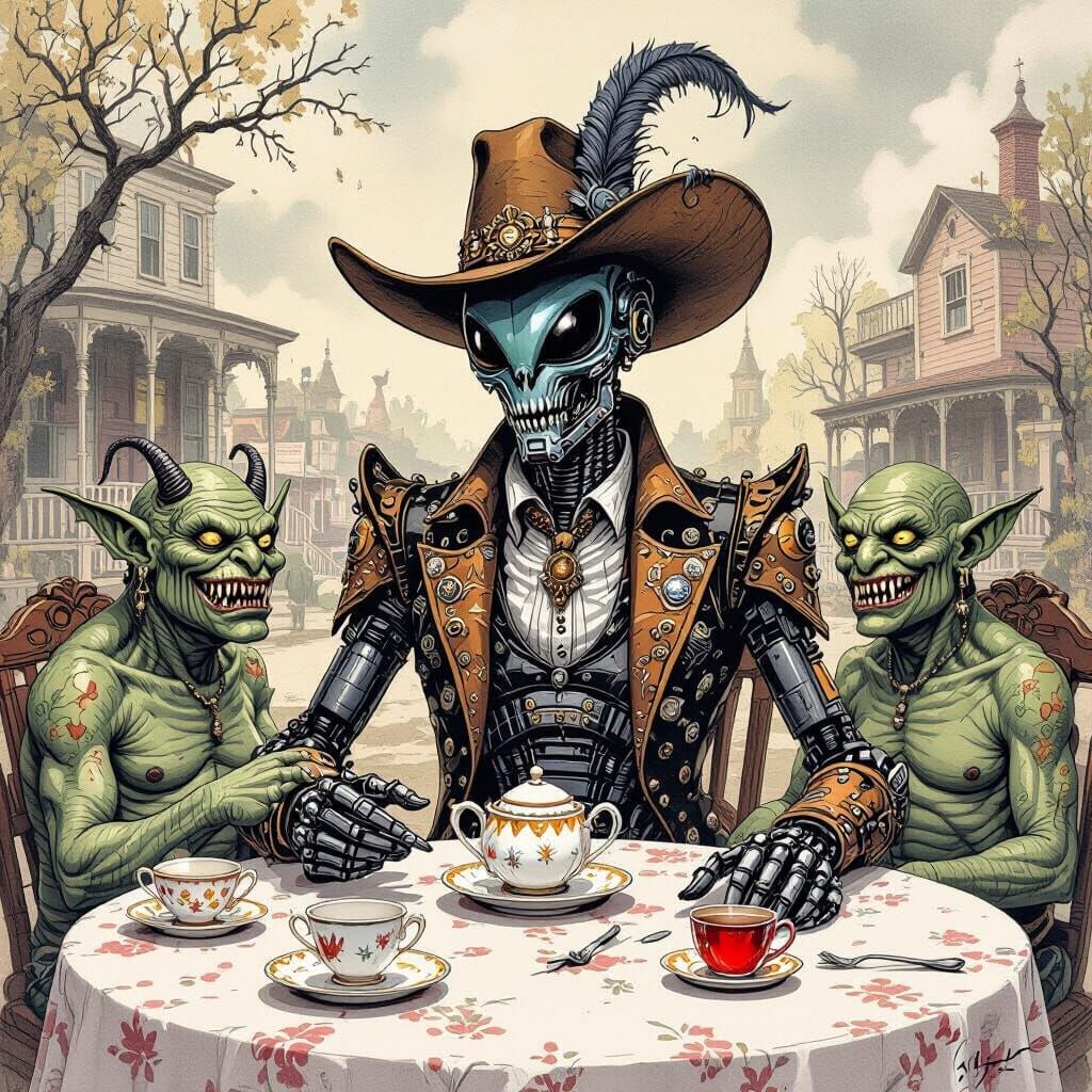 Cyborg Tea Party in the Old West, Water-Ink Style