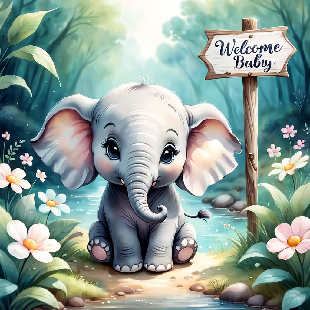 Chibi Elephant Welcomes Baby Creek: Whimsical Watercolor