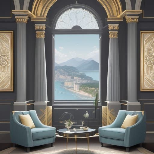 Elegant Woman in Cubist Cocktail Dress with Geometric Accent...