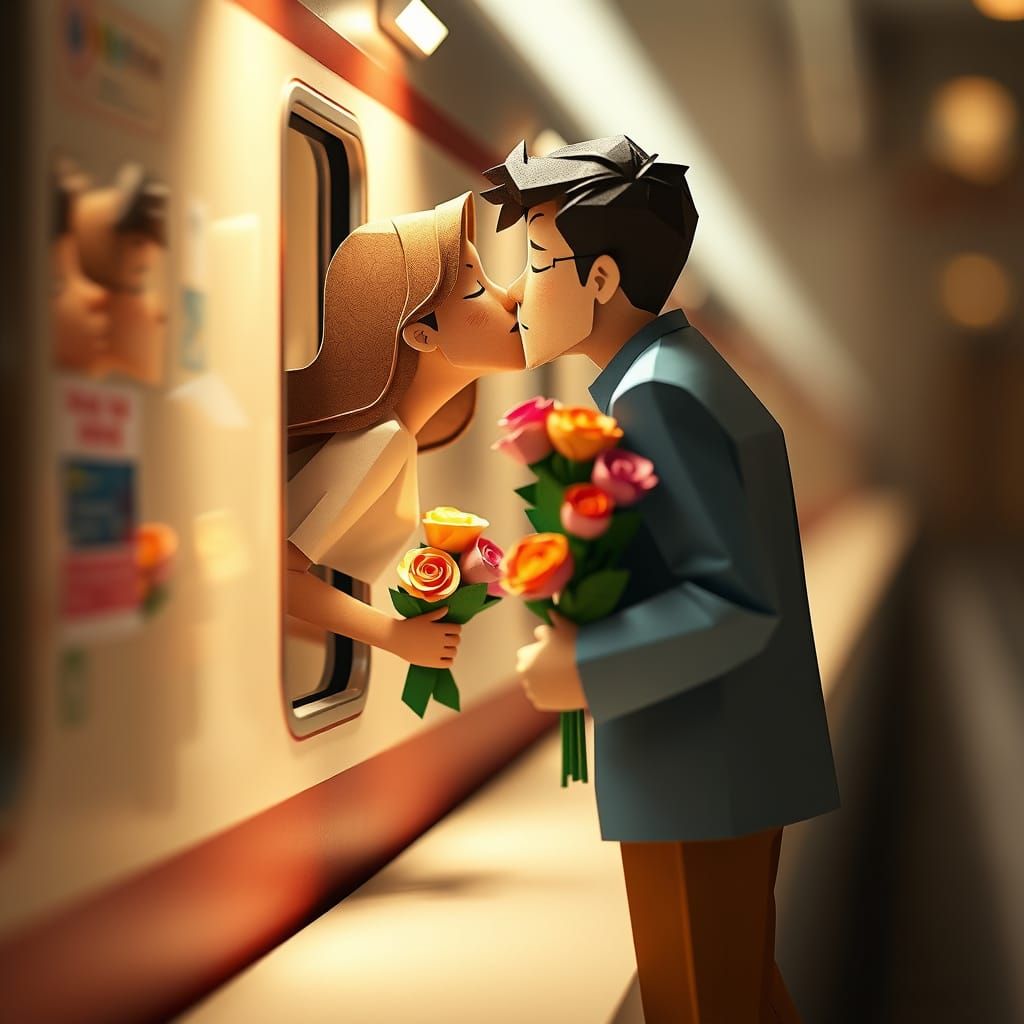 Romantic Kiss at Train Station in Origami Papercraft Style