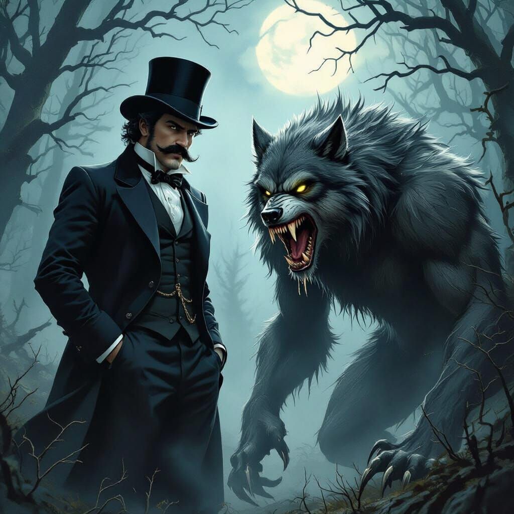 Victorian Doctor and Werewolf in Gothic Fantasy Style