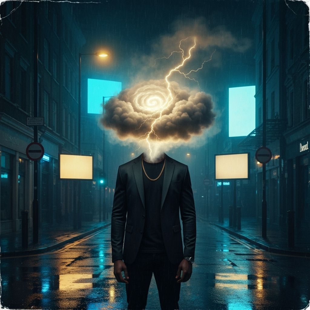 Afro-Noir Album Cover: Lone Man with Storm Cloud Head