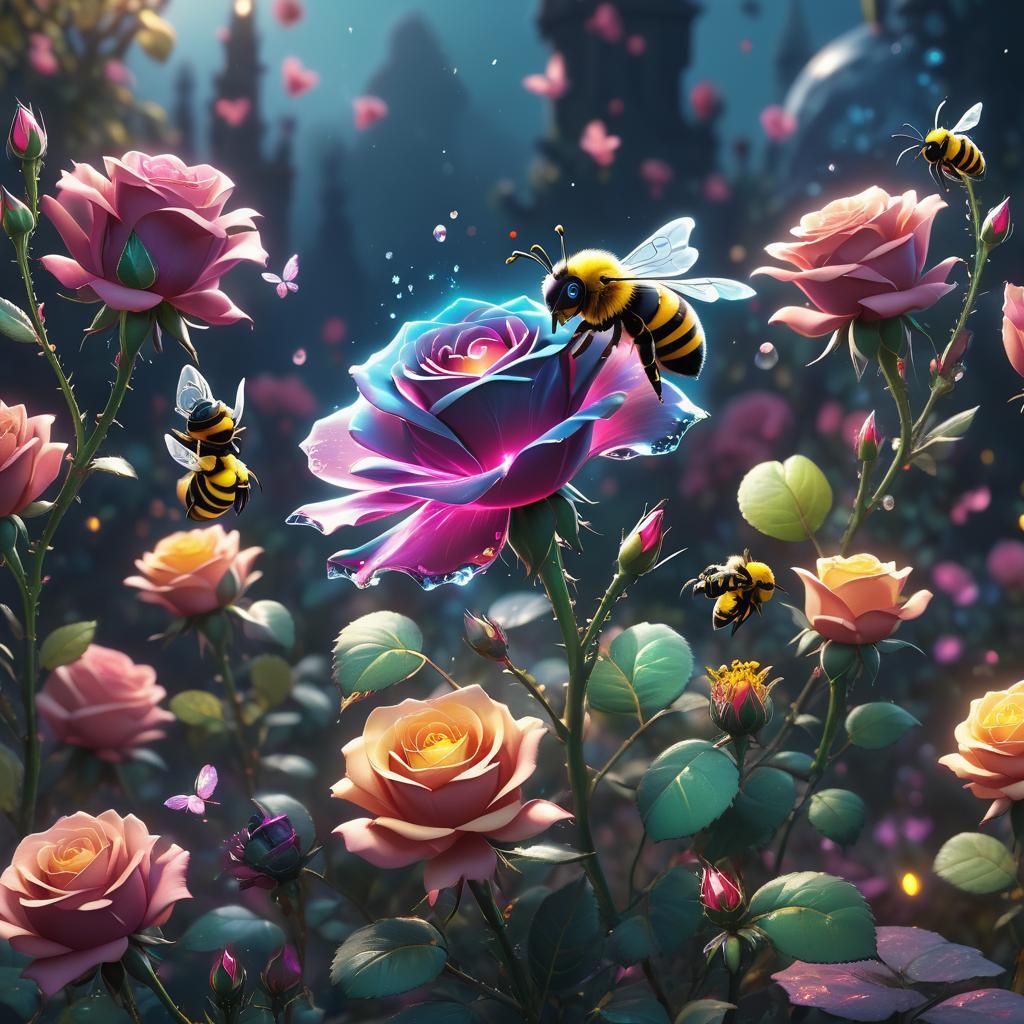 Glowing Crystal Rose with Bees: Fantasy Art