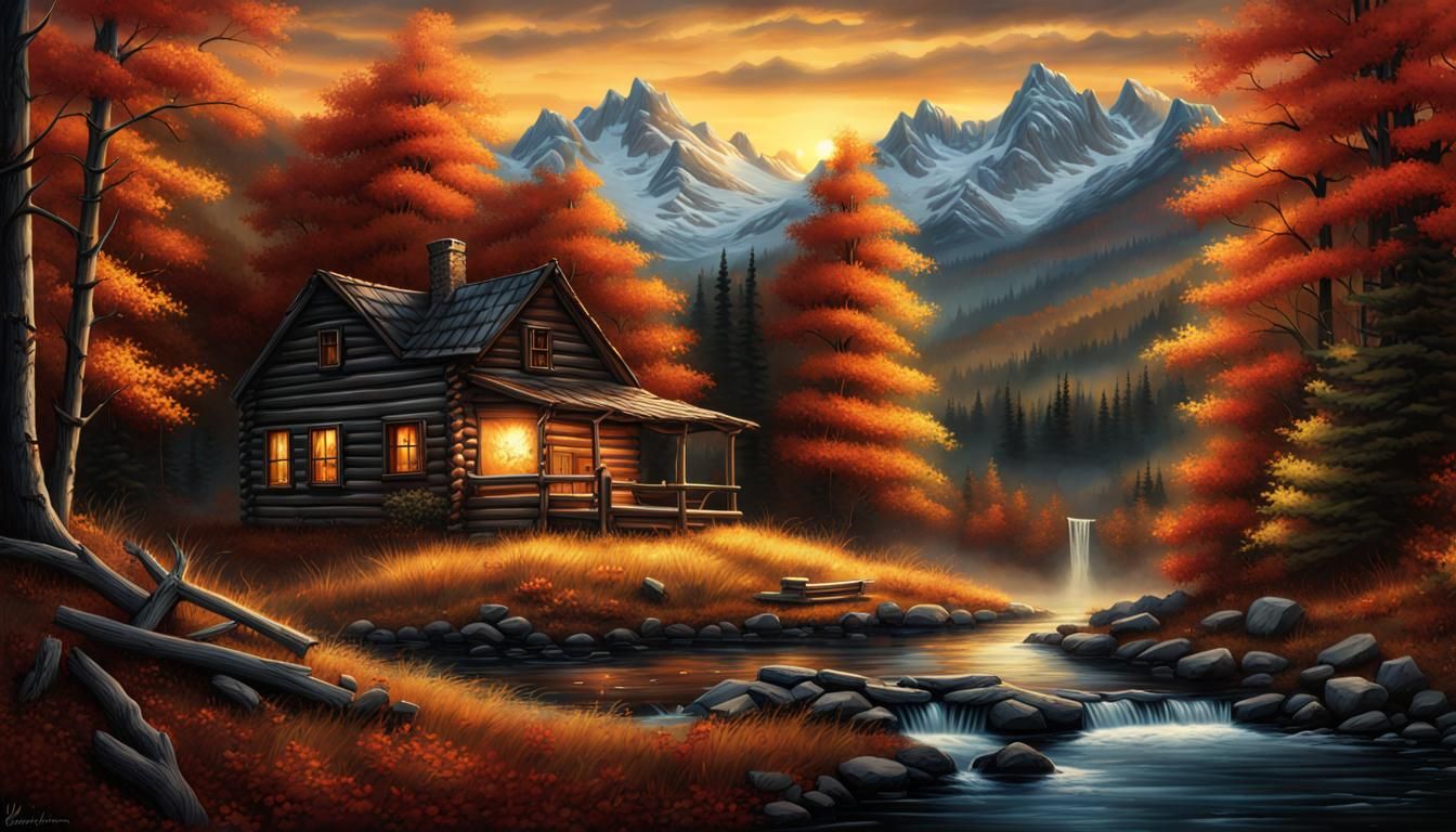 Autumn Cabin Scene in Terry Redlin Style