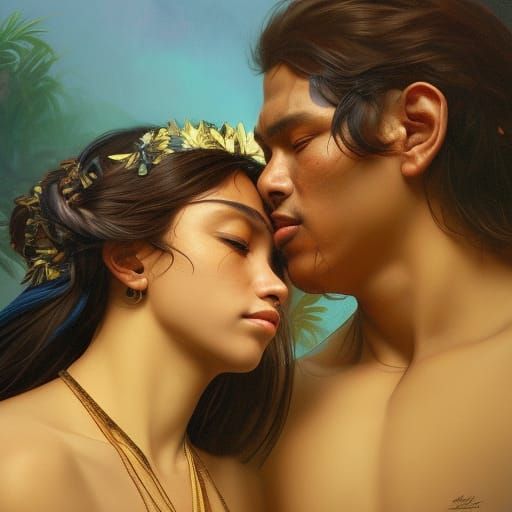 Sensual Polynesian Couple Portrait in Realism Style