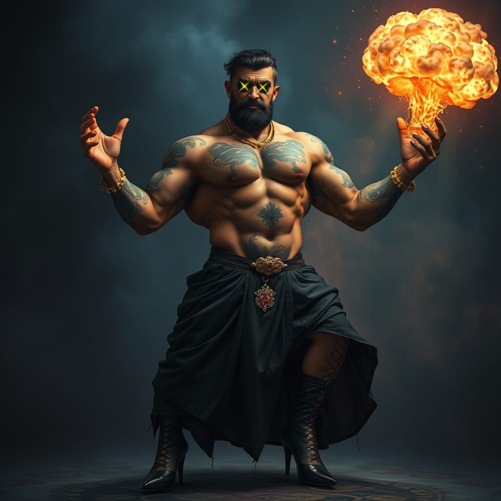 Whimsical Man in Heels Holding Cosmic Flowers