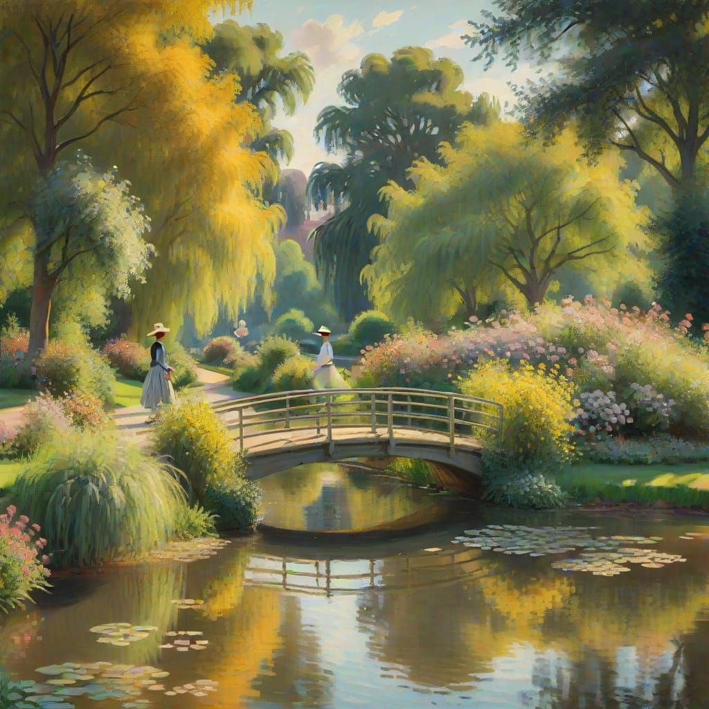 Impressionist Landscape with Lady on Bridge in Park