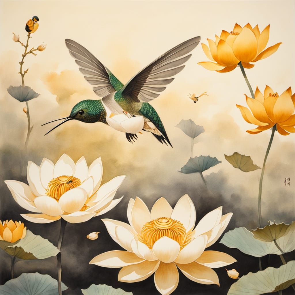 Hummingbird in Lotus, Yamato-e Style Painting