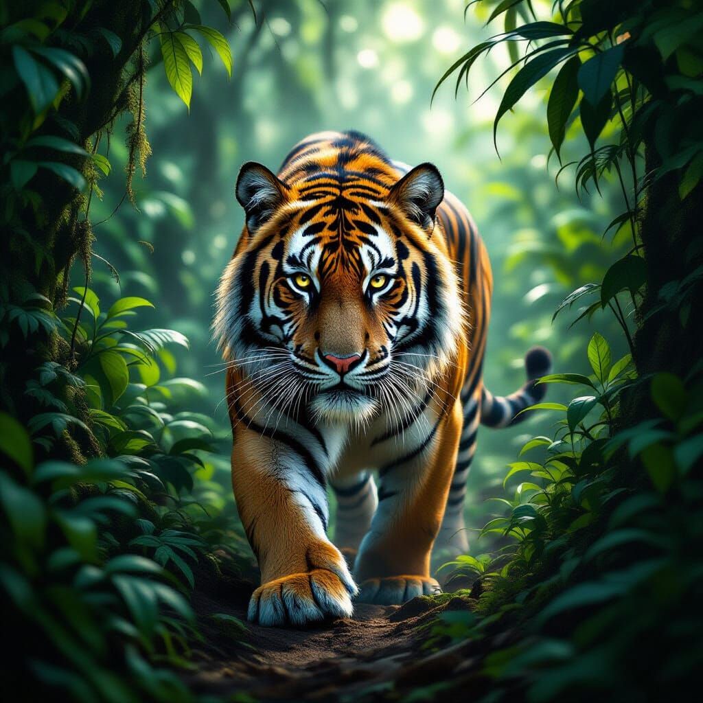 Majestic Tiger Emerges From Sun-Dappled Ancient Jungle