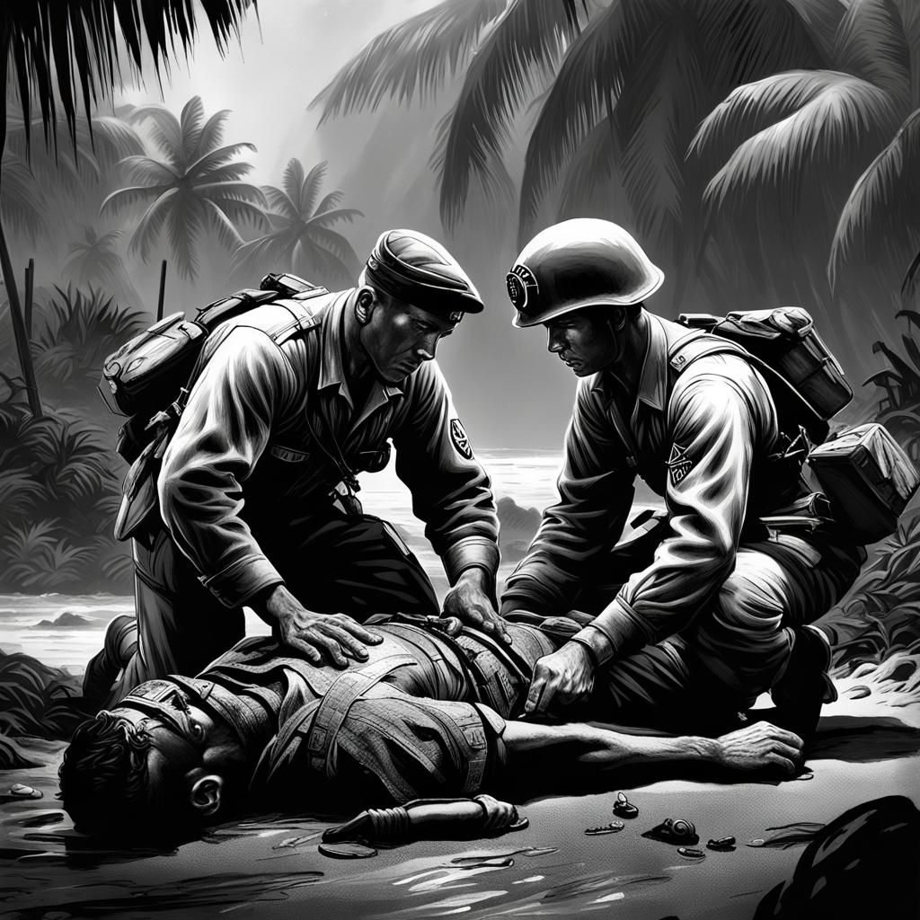 WWII Navy Corpsman Aids Wounded Marine in Pacific