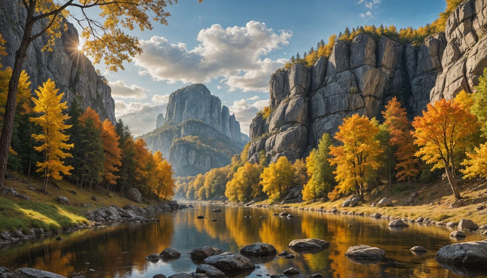 Autumn River Landscape with Rocks and Cliffs
