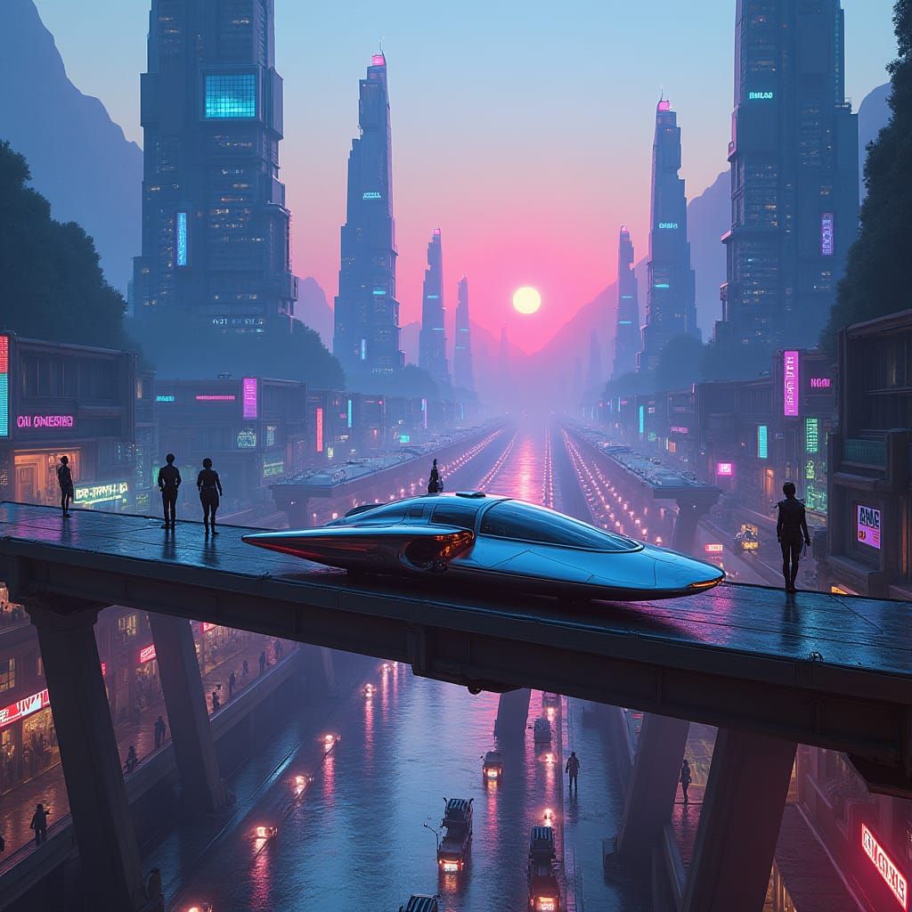 Futuristic Cityscape at Dusk in Cyberpunk Style