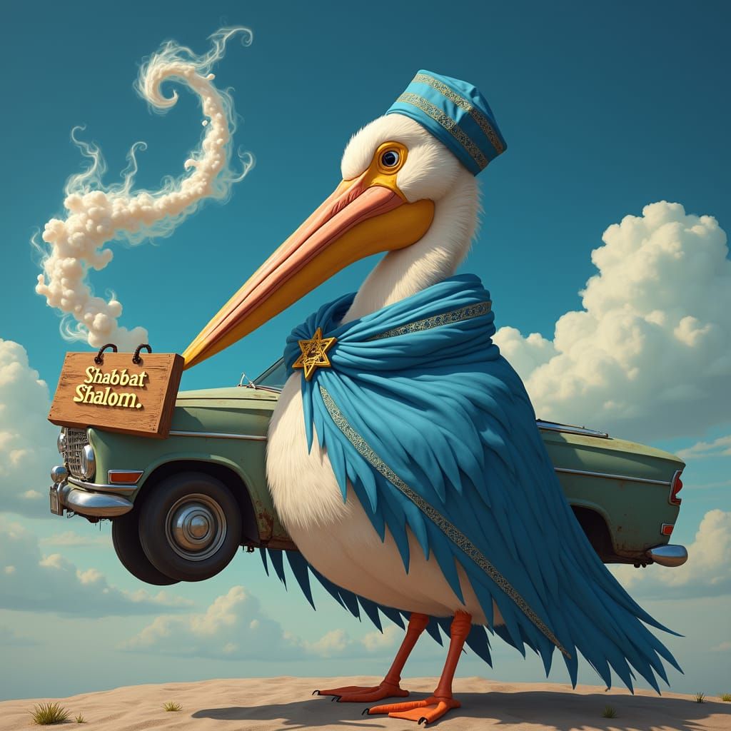Pelican with Shabbat Shalom Sign in Surreal Scene