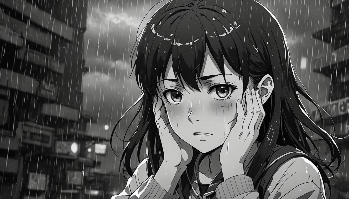 Anime Girl Crying in the Rain: Black and White Portrait