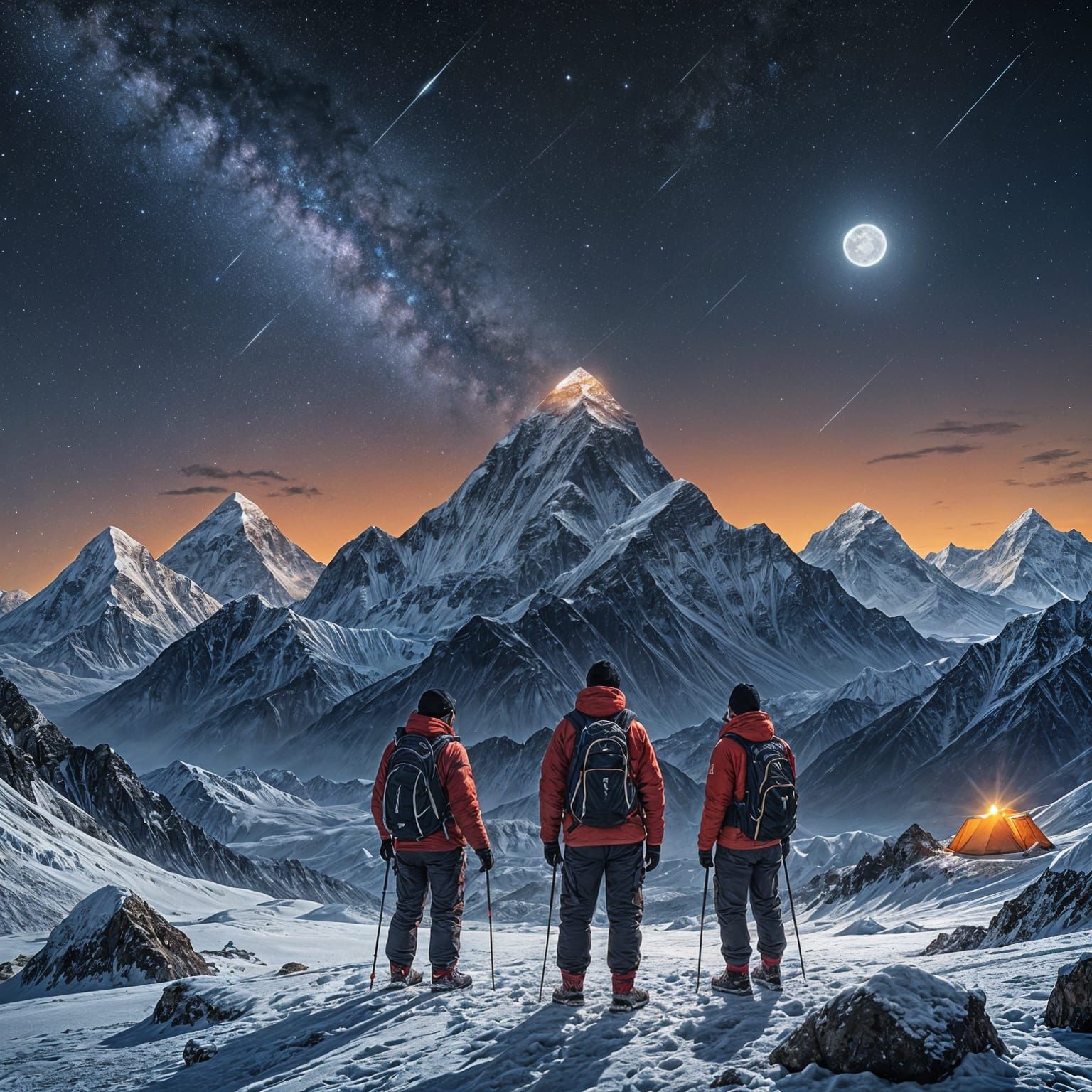 Men Contemplate Starry Night Sky from Mount Everest