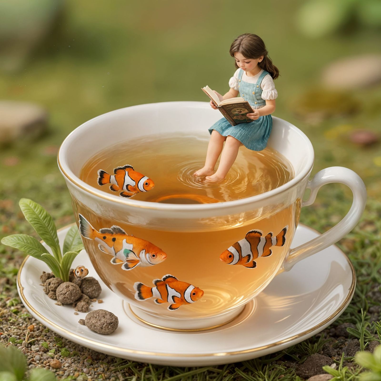 Girl Reading in Teacup World with Fish and Plants
