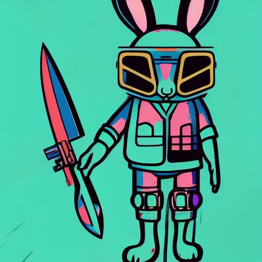 Cyberpunk Anthro Rabbit with Knife: Pop Art
