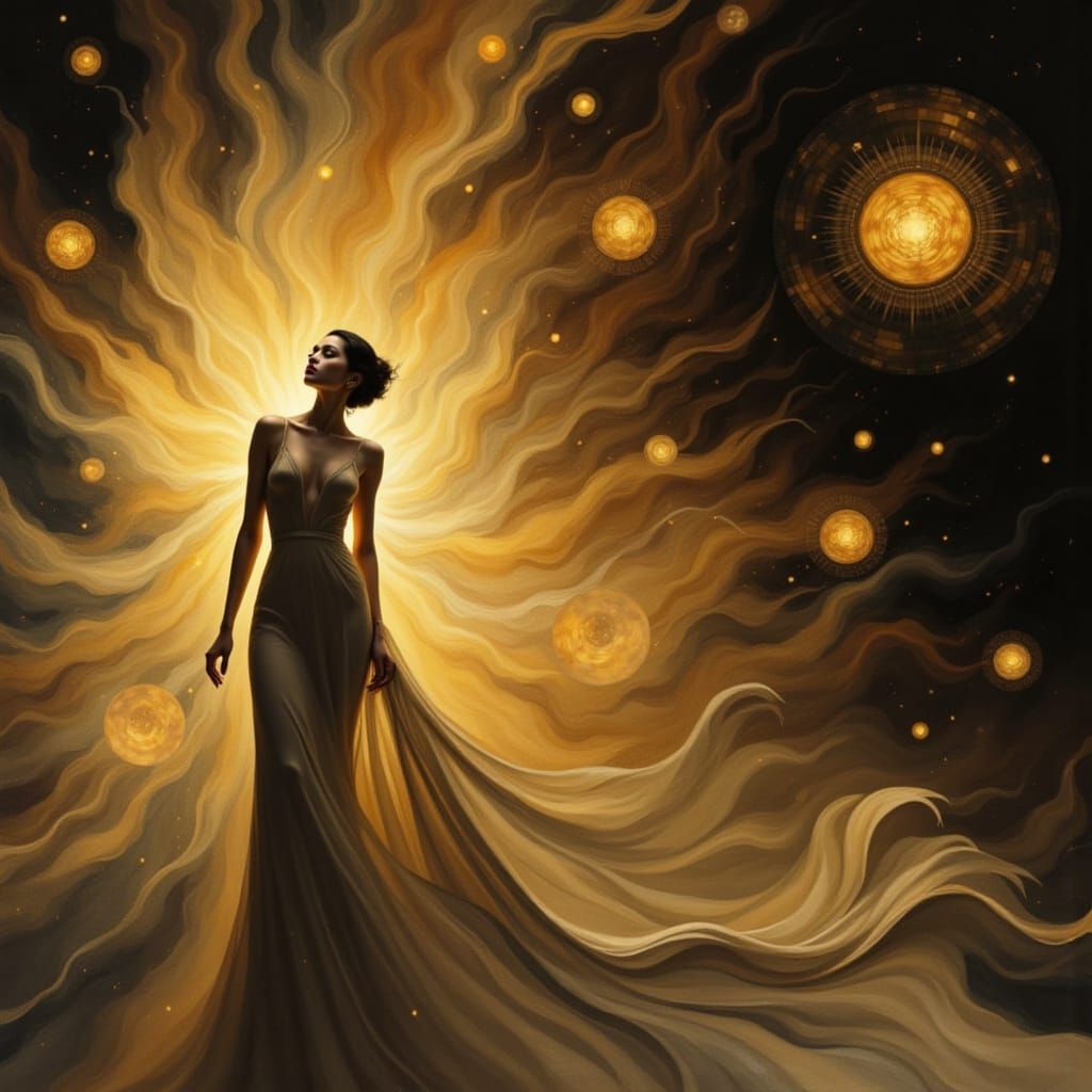 Surrealist Portrait of a Woman Radiating Light and Gold