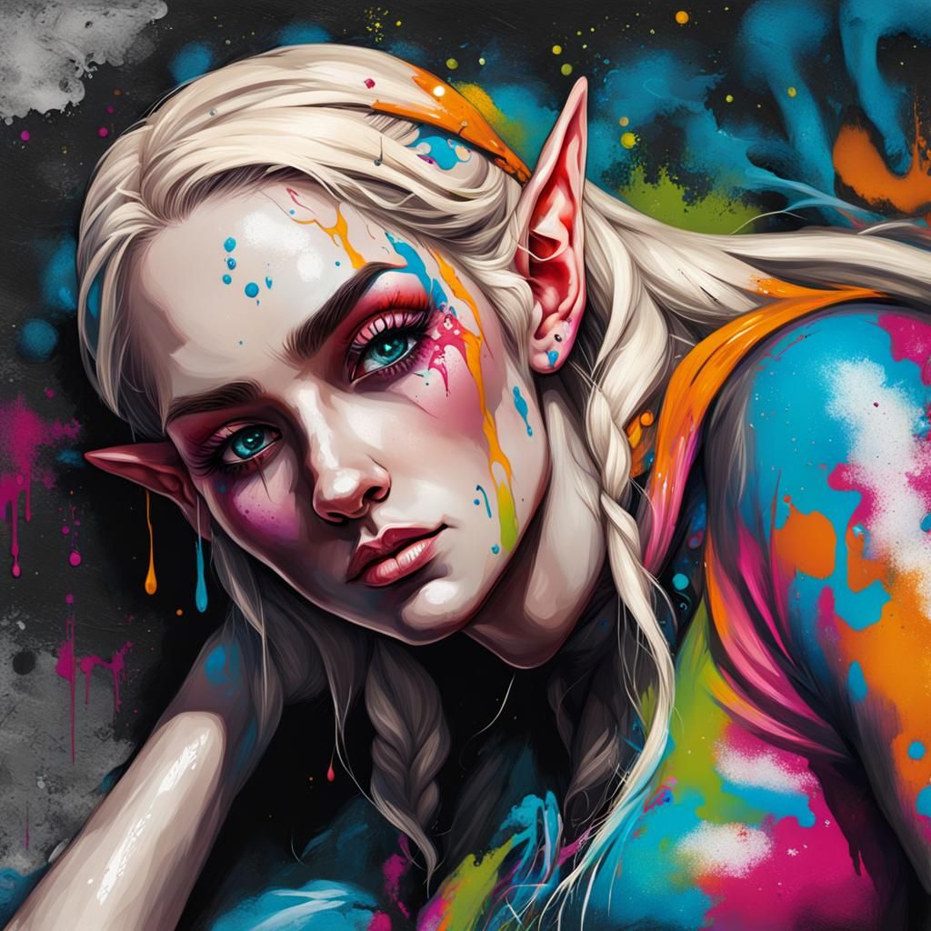 Colorful Graffiti Art: Blonde Female Elf