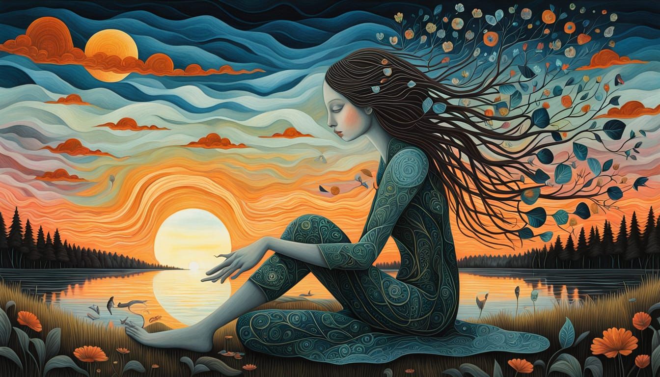 Surreal Woman Sculpture at Sunset by Kedziora