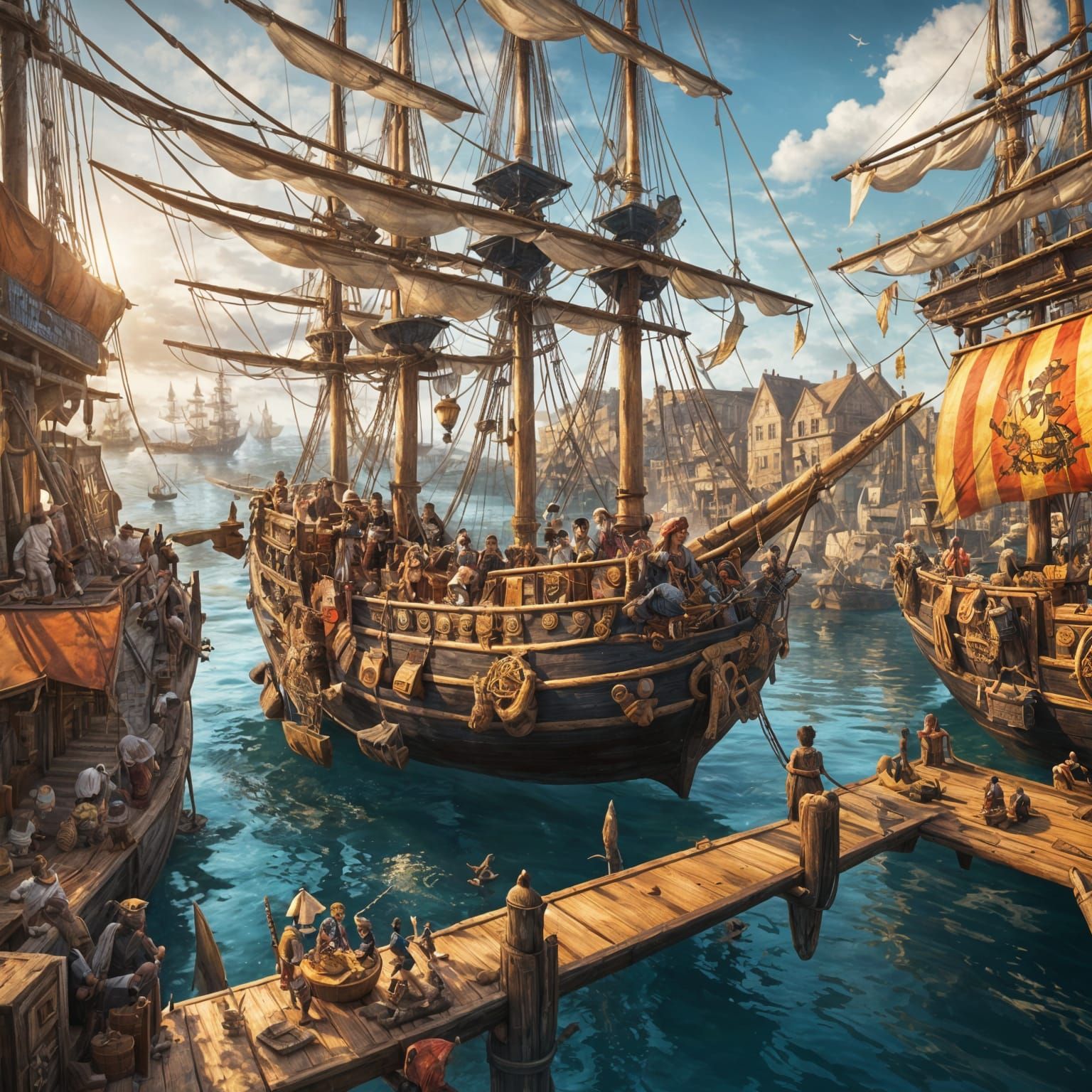 Anime Kids as Pirates on a Ship in Harbor