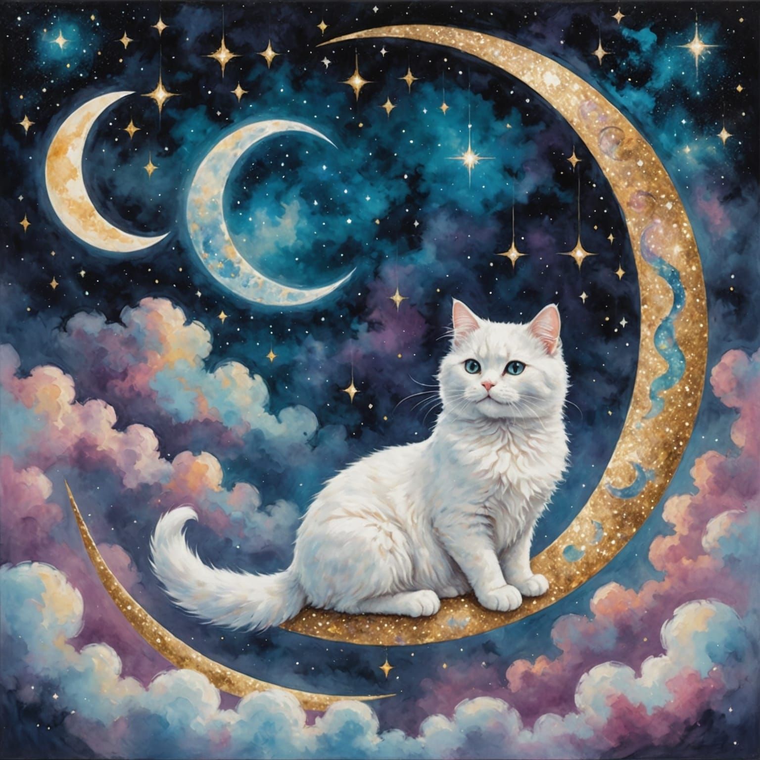 Fluffy Cat on Crescent Moon Gazing at Cosmic Galaxy