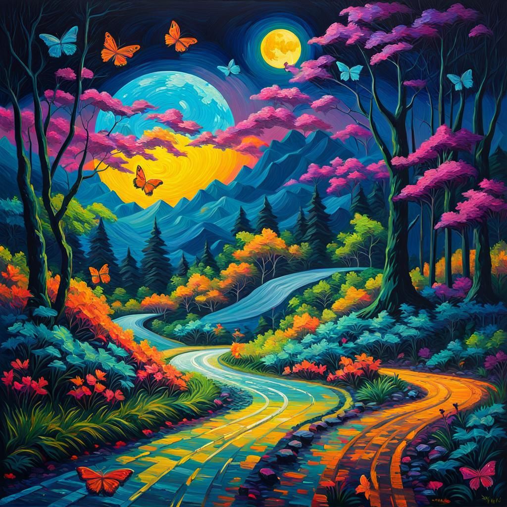 Moonlit Forest Road in Neo-Impressionist Style
