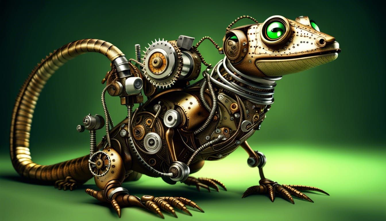 Funny Steampunk Robotic Lizard in Dramatic Pose