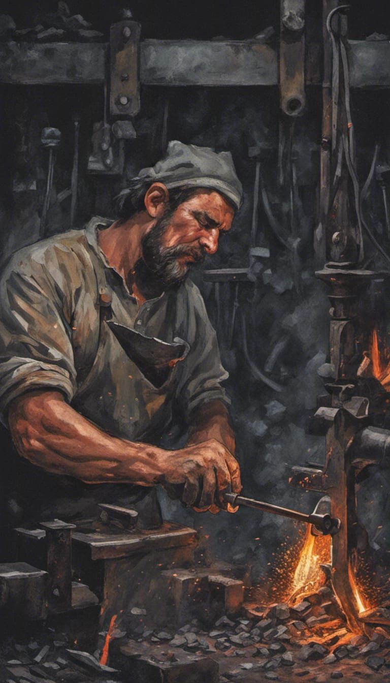 Blacksmith Forging Metal in Dark Forge