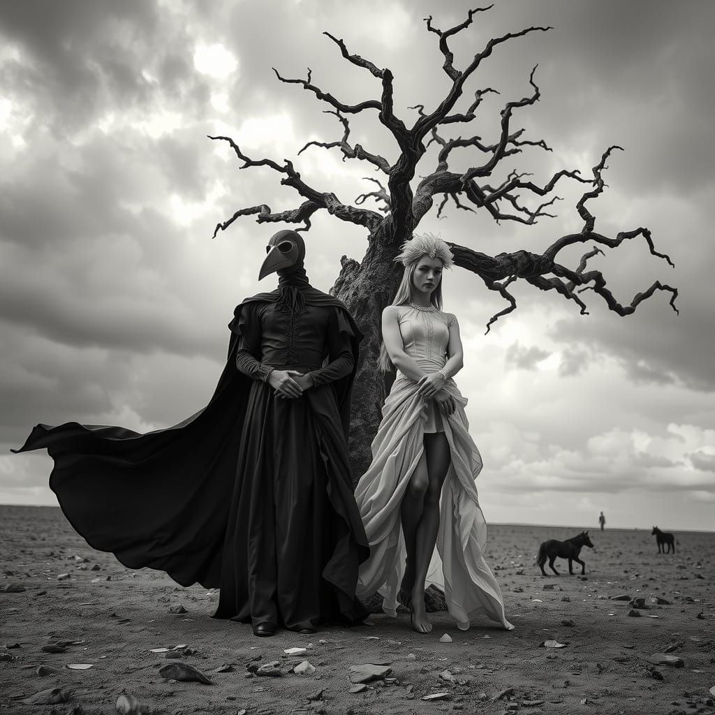 Figures in Masks in a Desolate Grayscale Landscape