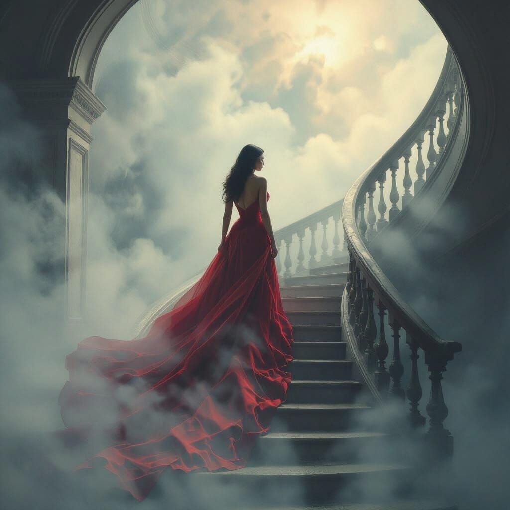 Eerie Staircase Ascending into Dreamlike Darkness