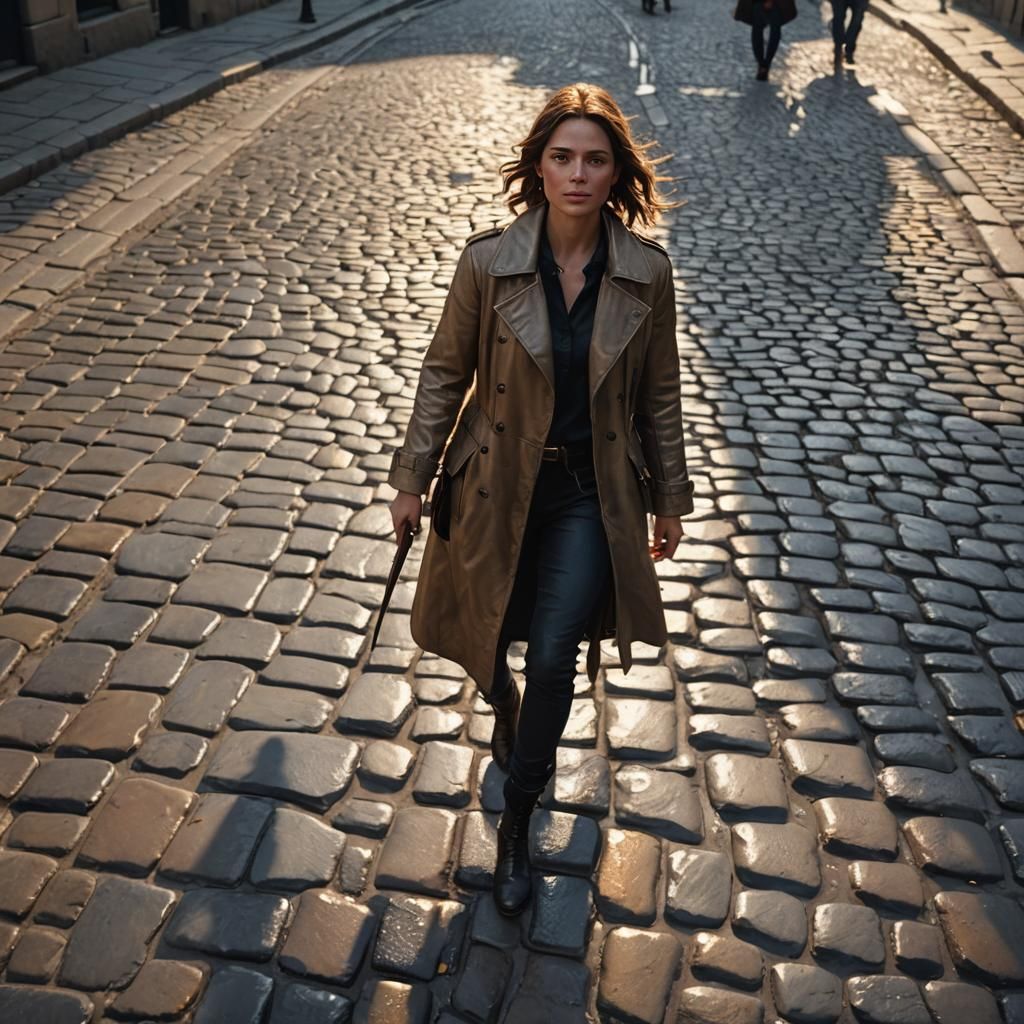 Impressive Woman Walks on Cobblestone Road: 3D Game Graphics