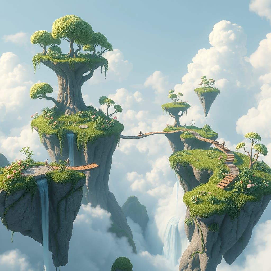 Floating Islands with Vine Bridges in Animated Style