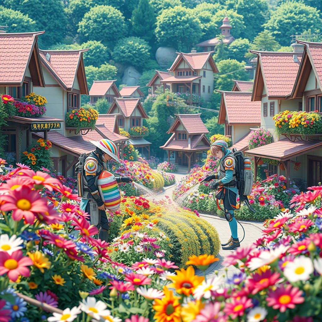 Rainbow Flower Town with Robots in 4K