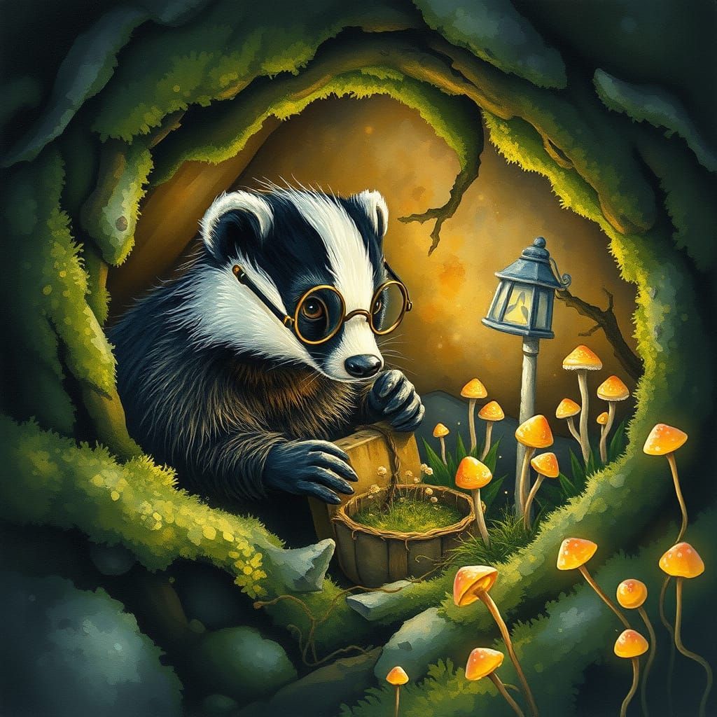 Wise Badger Tends Magical Garden in Mossy Burrow