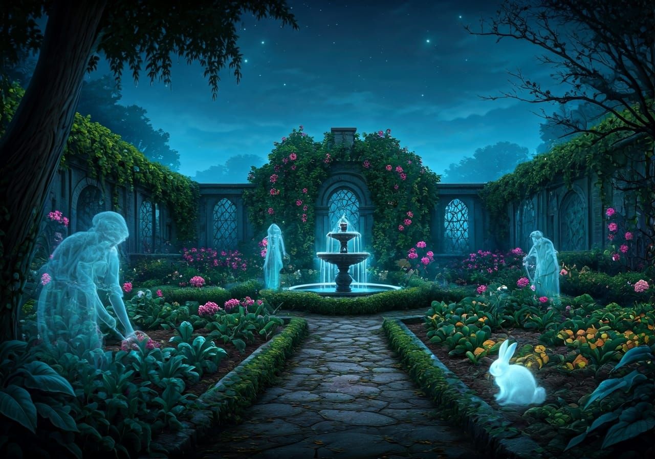 Haunted Garden with Ghostly Rabbit in Romantic Style