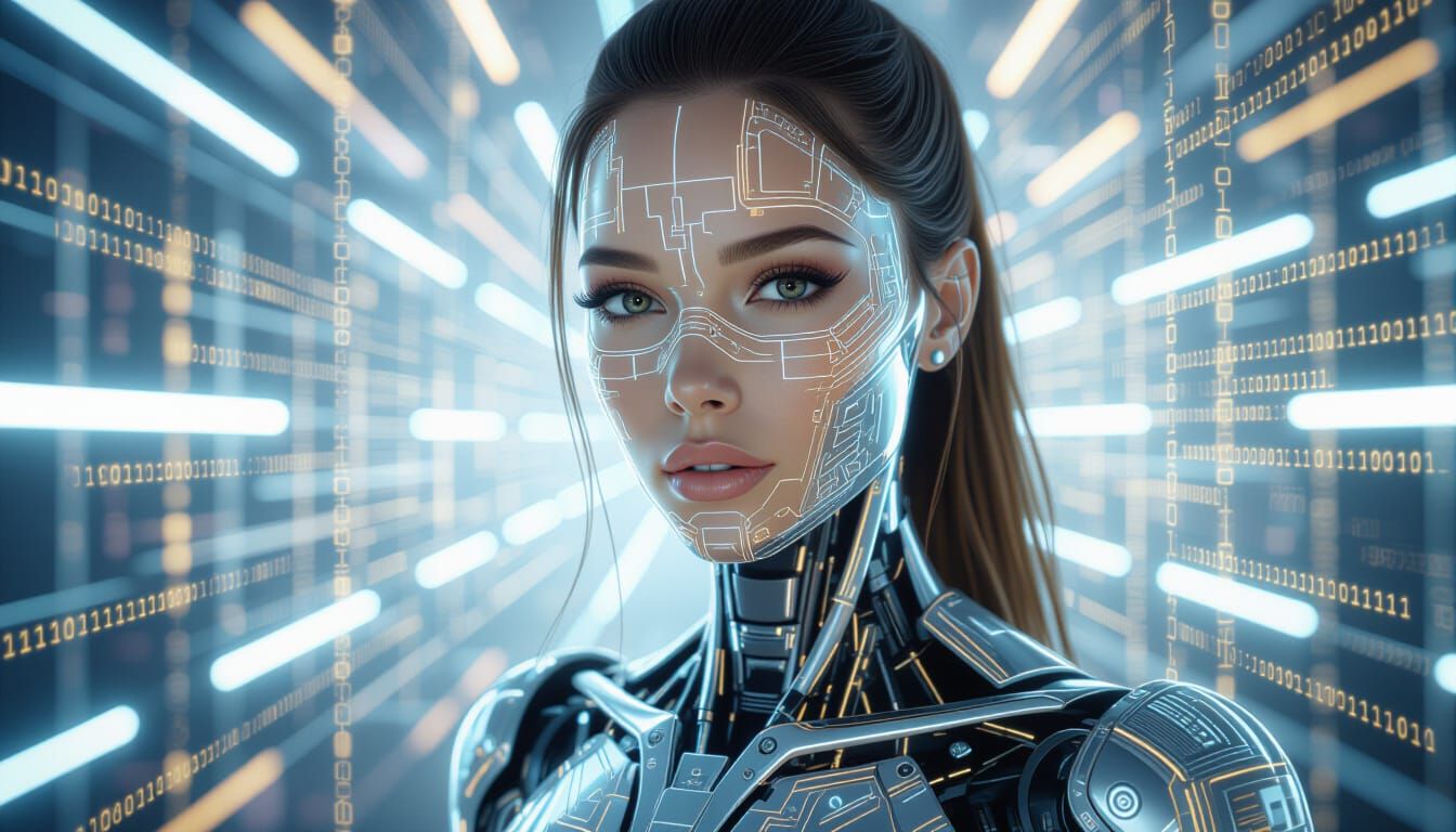 Super AI Female Android with Circuitry in Cyberpunk Style