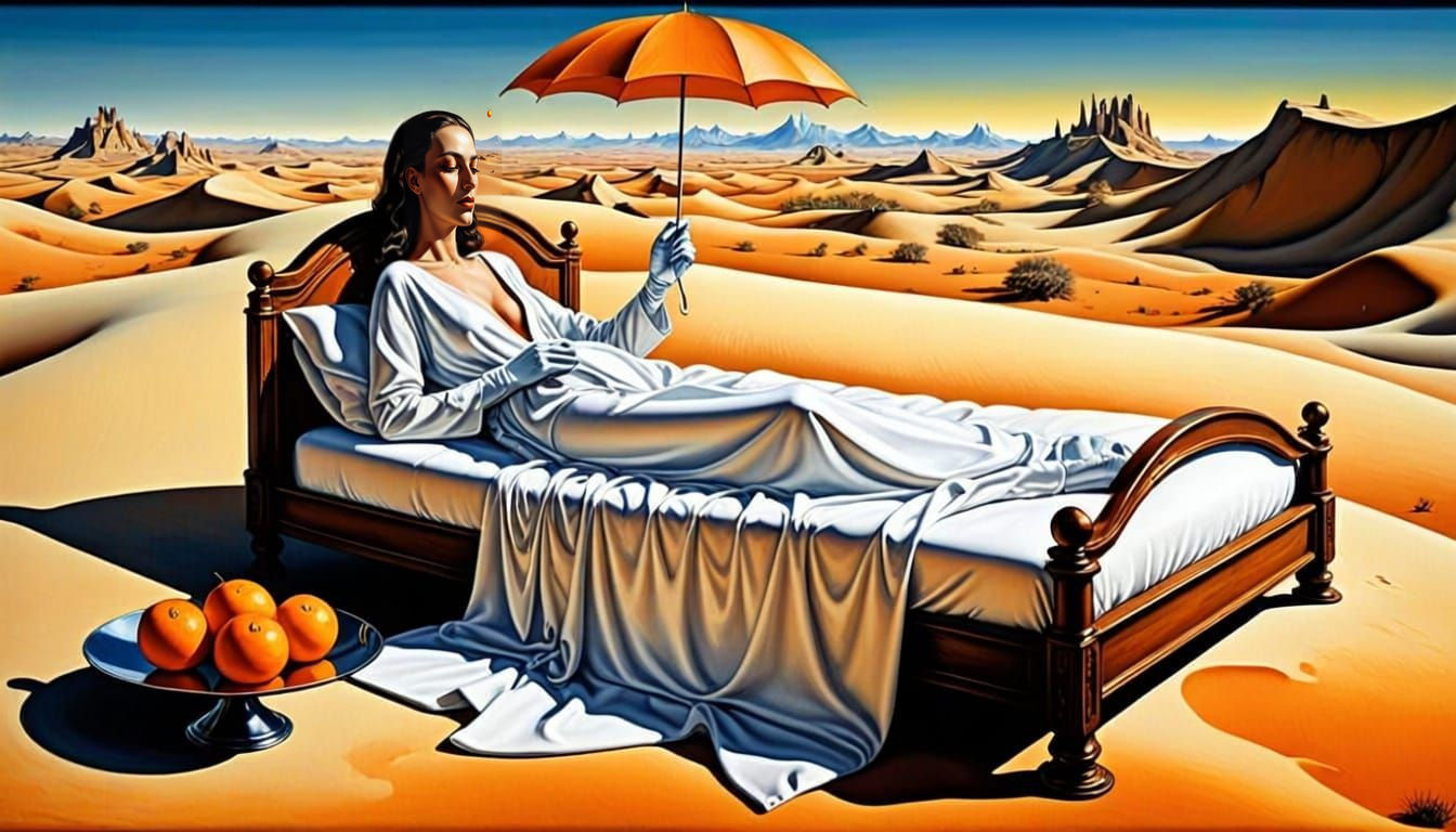 Surreal Desert Dreamscape with Luxurious Bed and Melting Ele...