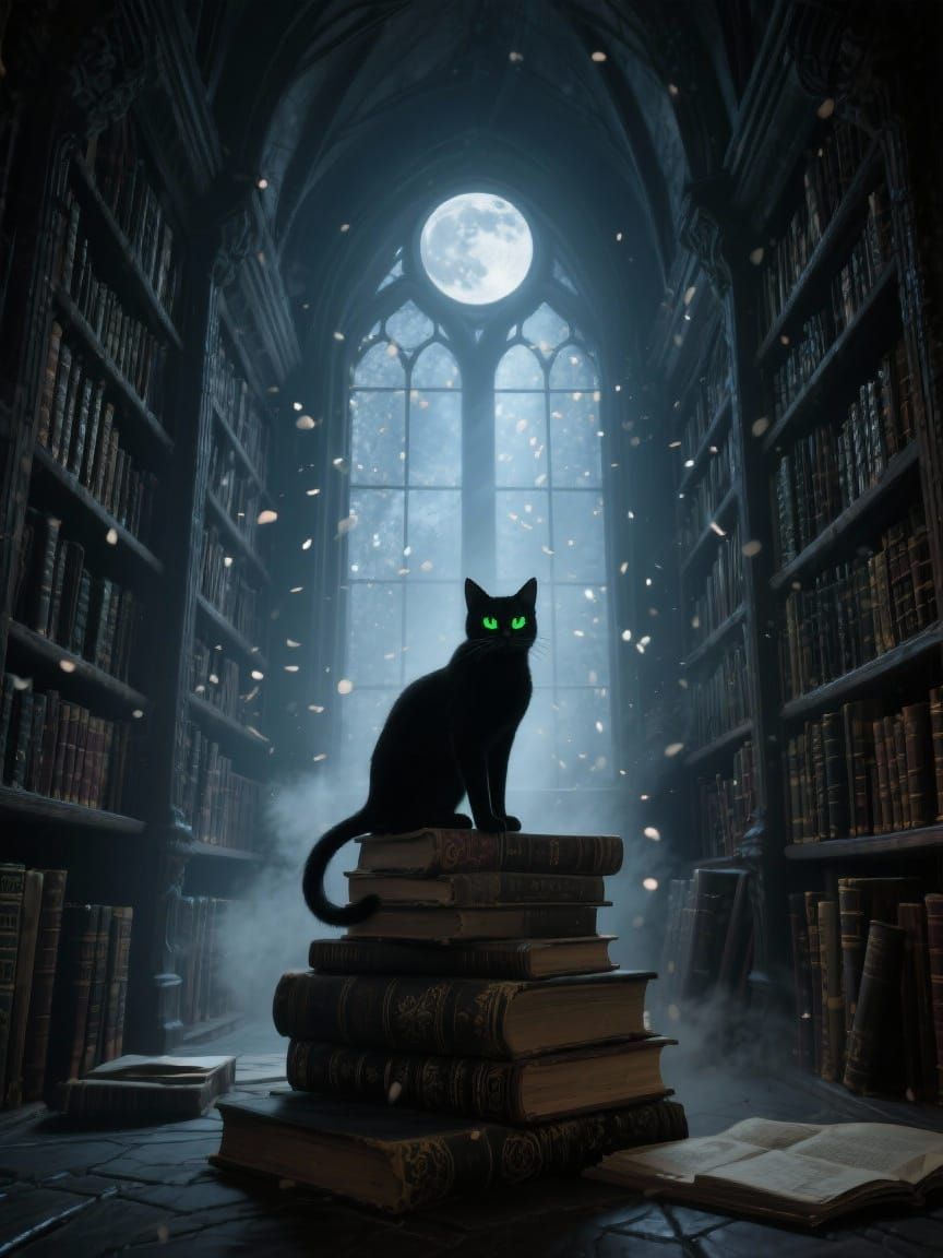 Gothic Library with Cat and Moonlight, Gothic Art Style