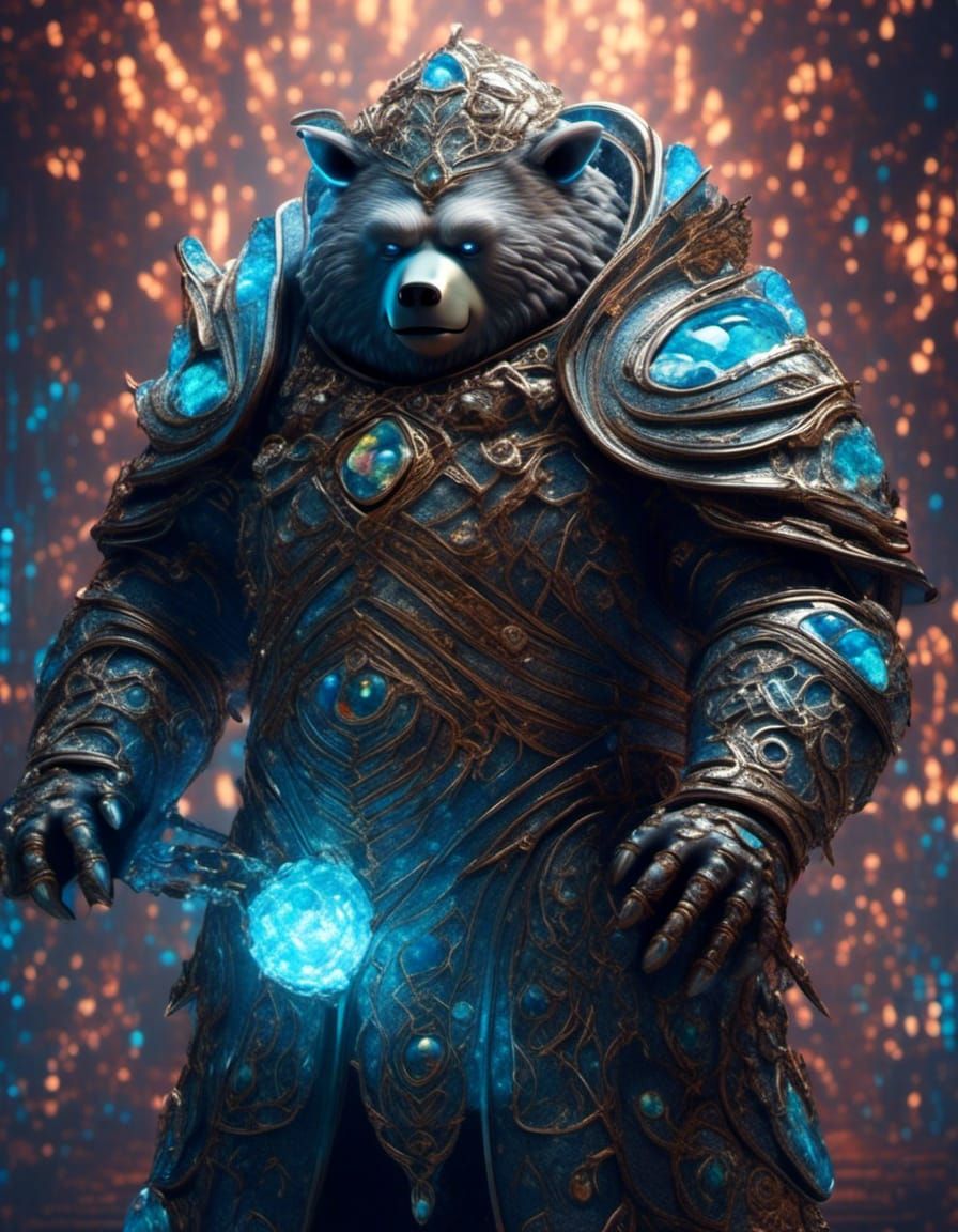 Opalescent Bear Cub Emerges from Smoky Darkness