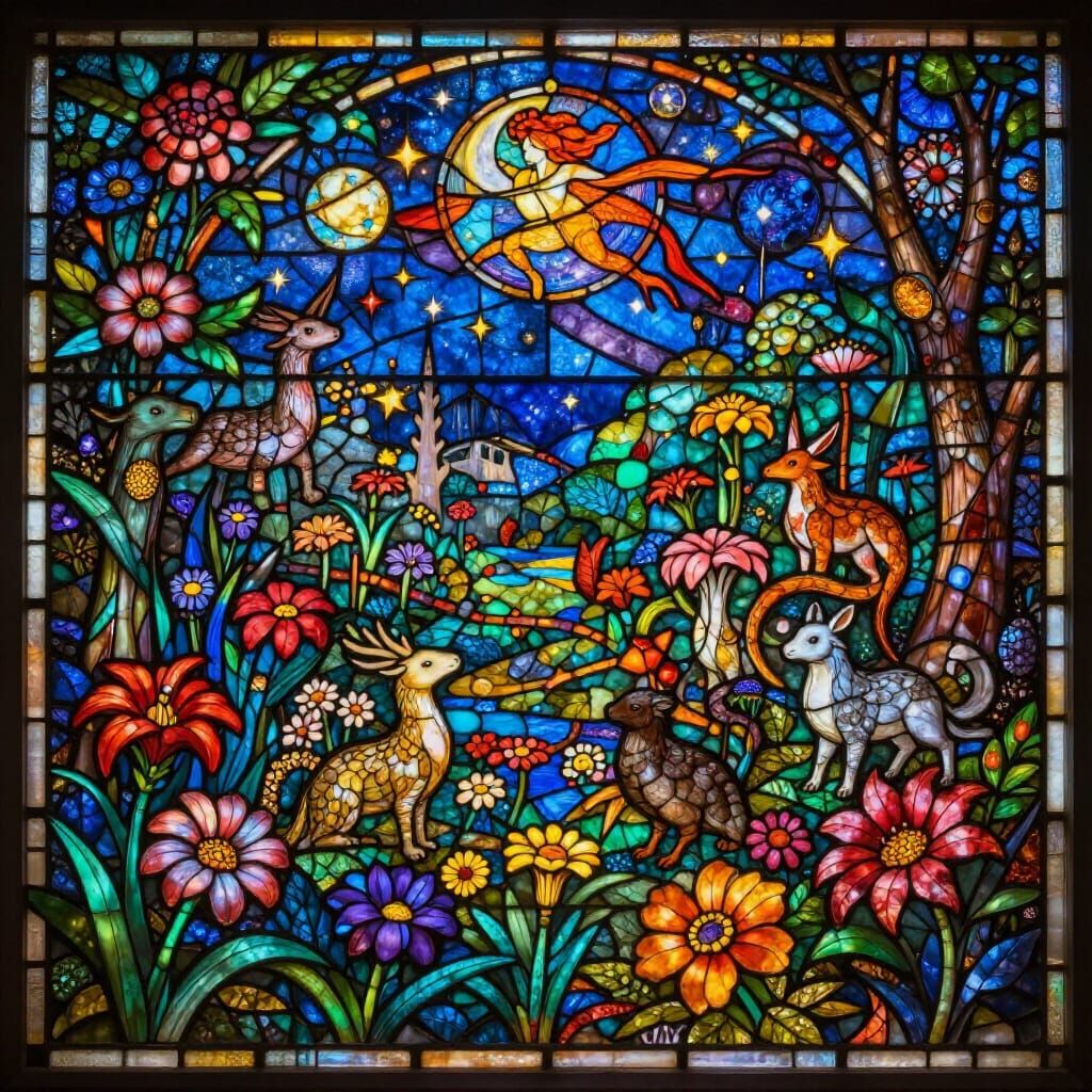 Garden of Eden Stained Glass Art with Celestial Wonders