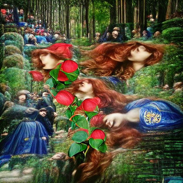 Pre-Raphaelite Forest of Roses: A Magical Scene