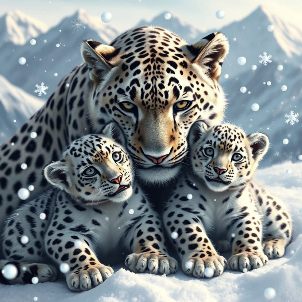 Snow Leopard Family in Winter Wonderland