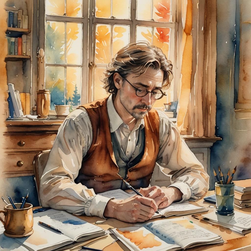 Watercolor Poet at Desk Writing in Journal