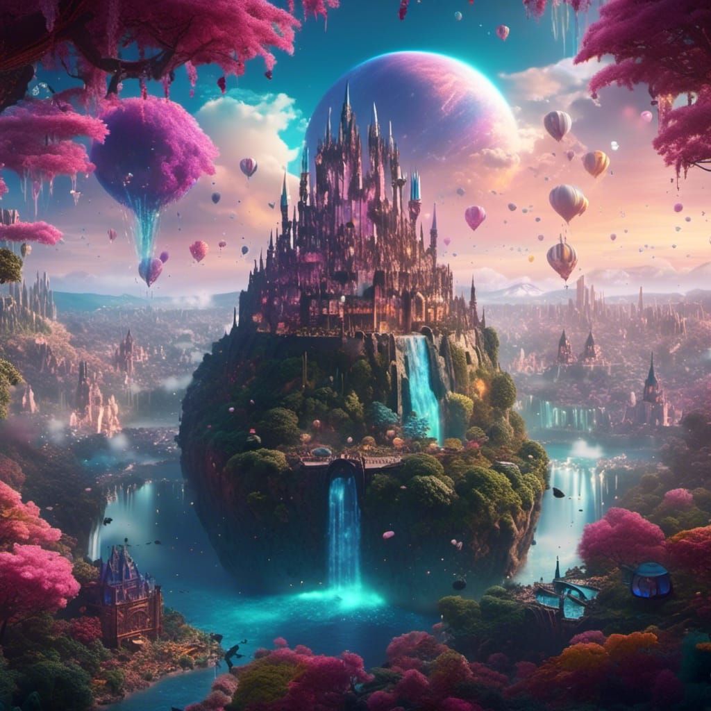 Fantasy Flying Island City with Waterfall and Castle