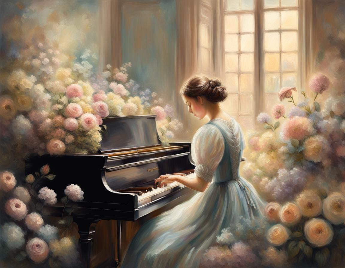 Victorian Woman at Piano: Sfumato Pastel Painting