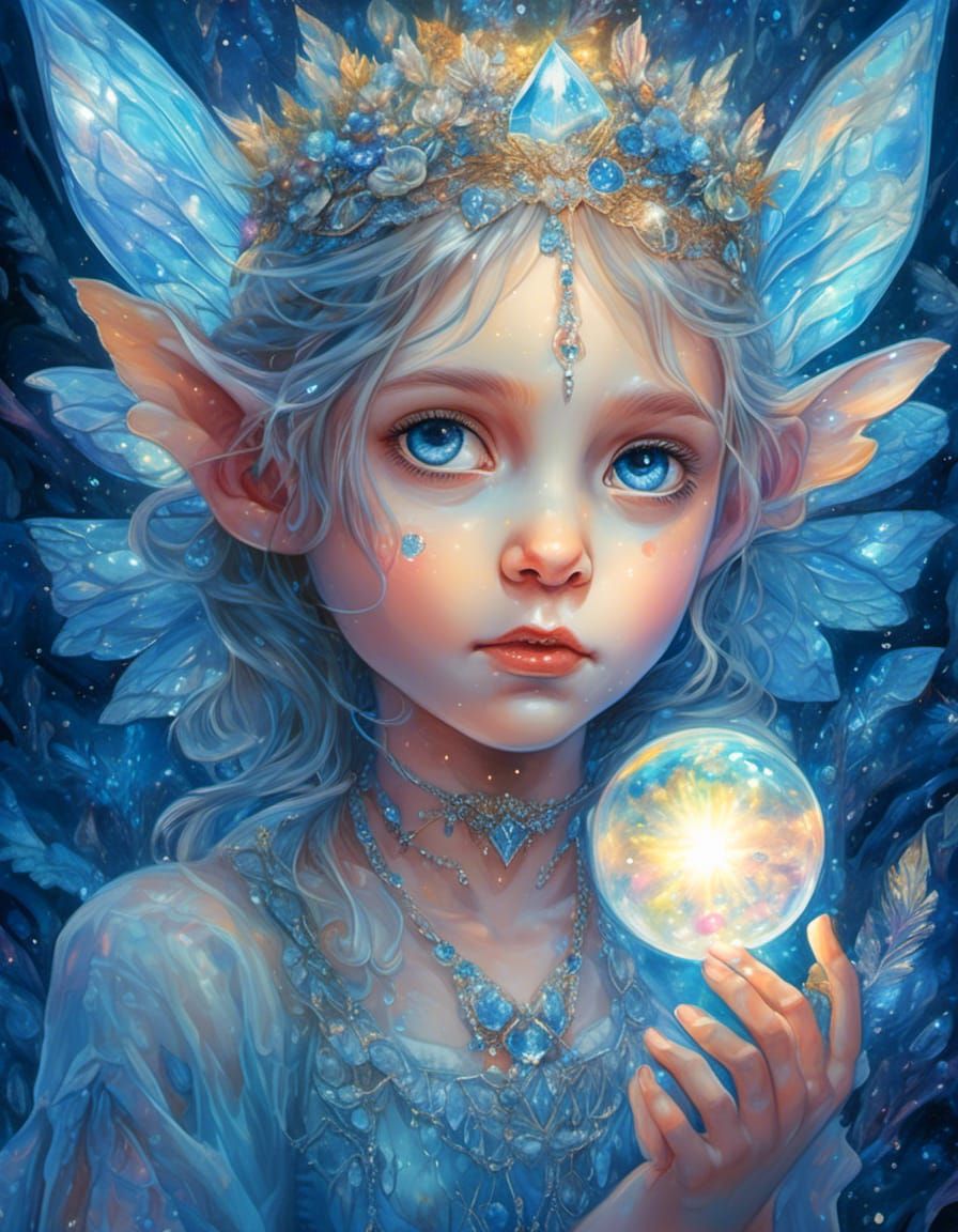 Shy Baby Fairy with Crystal Ball in Aquarell Style