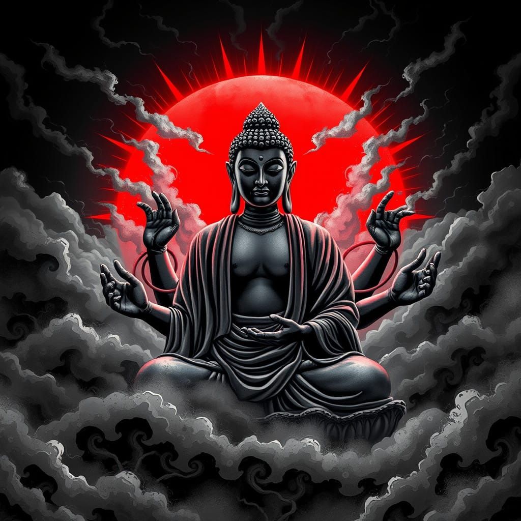 Serene Psychedelic Buddha in Radiant Red Sunrise