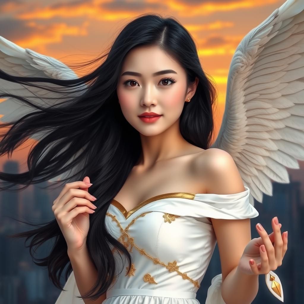 Winged Angel in Urban Sunset, Digital Art